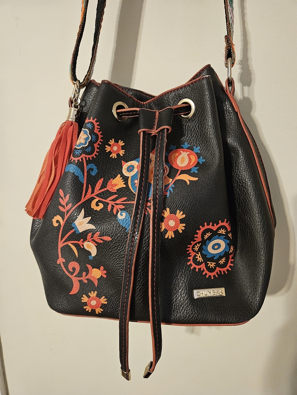 Embroidered Floral Bucket Shoulder Bag in Black and Orange